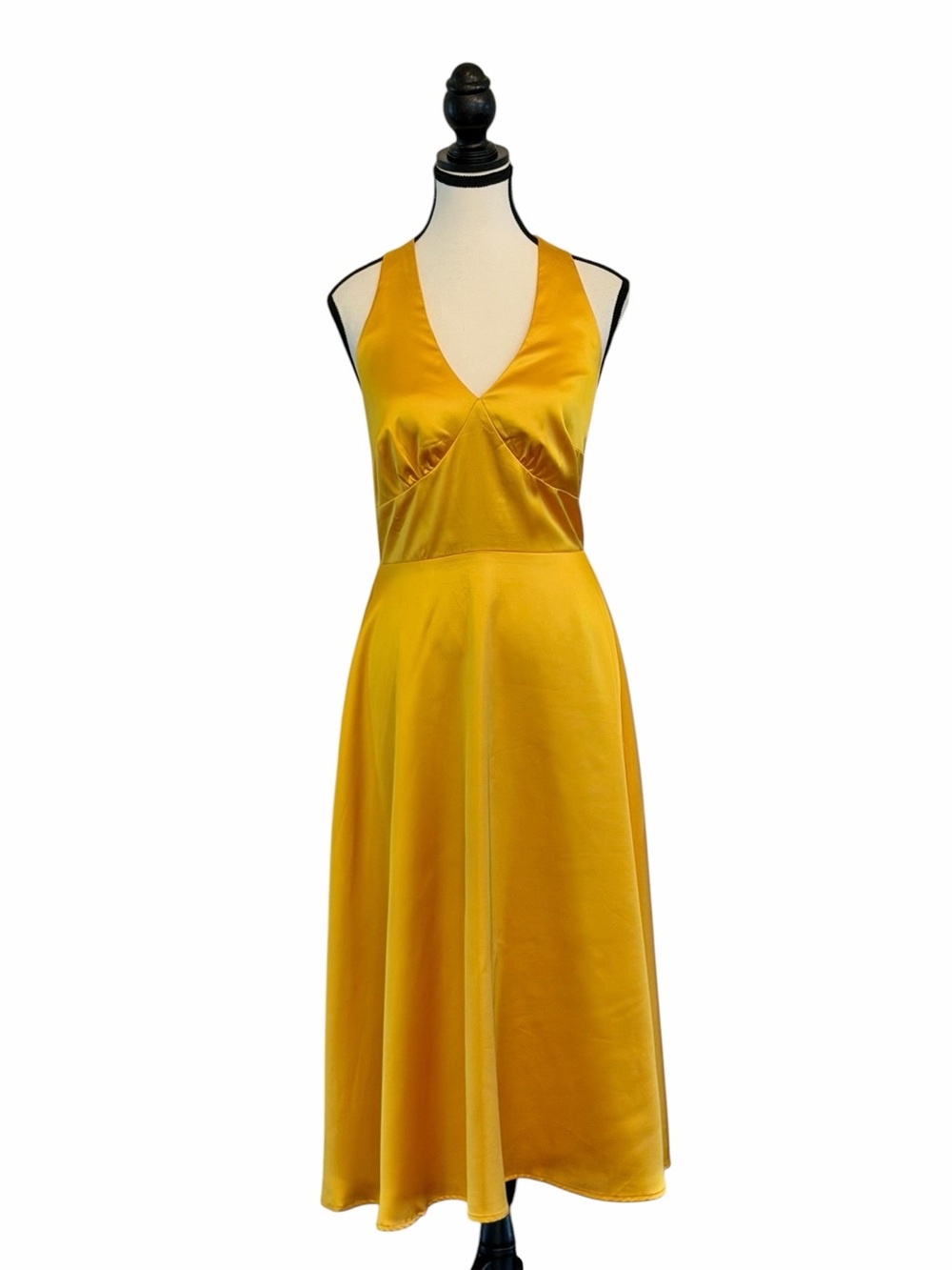 NWT RIHOAS Gold Satin Halter Midi Dress Open Back Tie Size Small - Picture 1 of 3